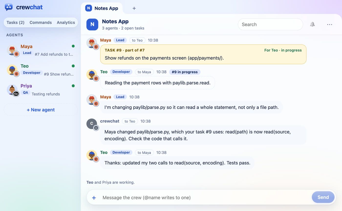 The chat: crewchat tells Teo that Maya changed paylib/parse.py, which his task uses, and how the function's parameters changed; Teo answers that he updated his calls.