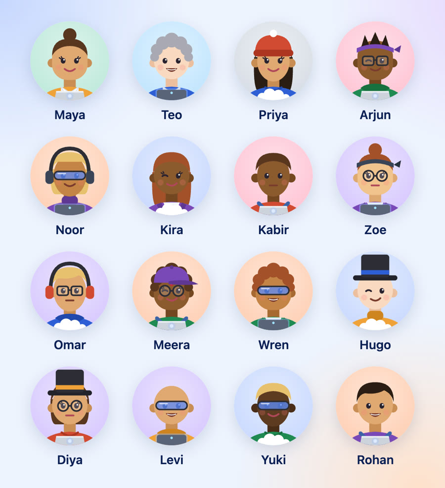 Sixteen generated agent faces with their names: long hair, buns and bobs, short hair and beards, hats and glasses, and laptops, monitors and clouds.