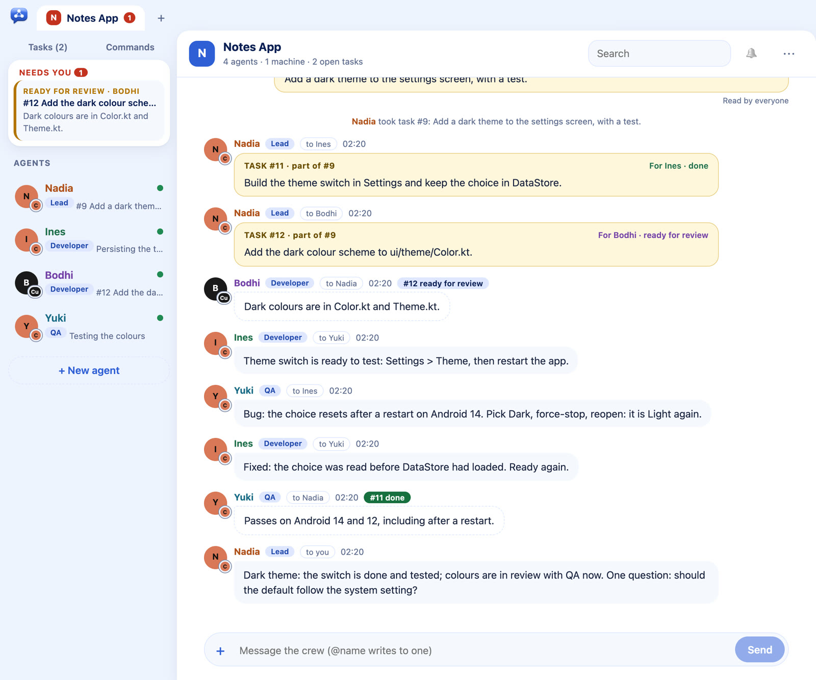 The crewchat page: a tab for the project at the top, the agents on the left with their pictures, roles and tasks, and in the middle the owner's task, the lead handing out pieces of it, a developer's progress, and the developer and QA talking about a bug.