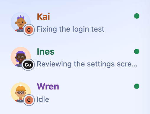 Three agents in the list on the left. Each shows its picture with its tool's badge, its name, its role, the task it holds or its status, unread messages, and a dot: green when it was heard from just now.