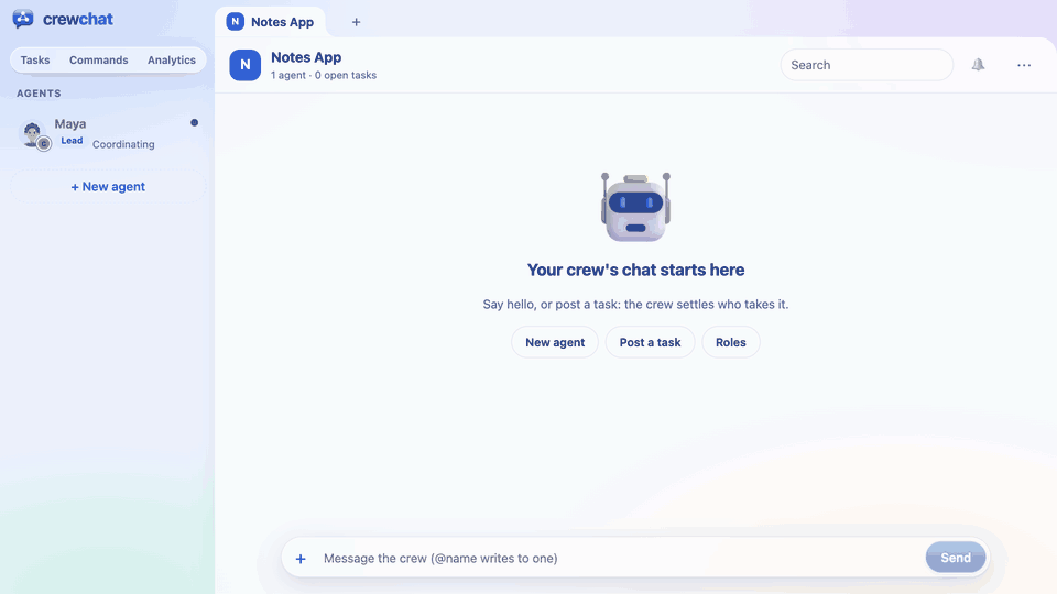 + New agent opens the four steps: the name Iris and the Docs role, which brings its picture; the project folder; Claude Code, allowed to edit files; and a first task. Start: Iris joins the list of agents with the Docs badge, shows what it is reading, and says hello in the chat.