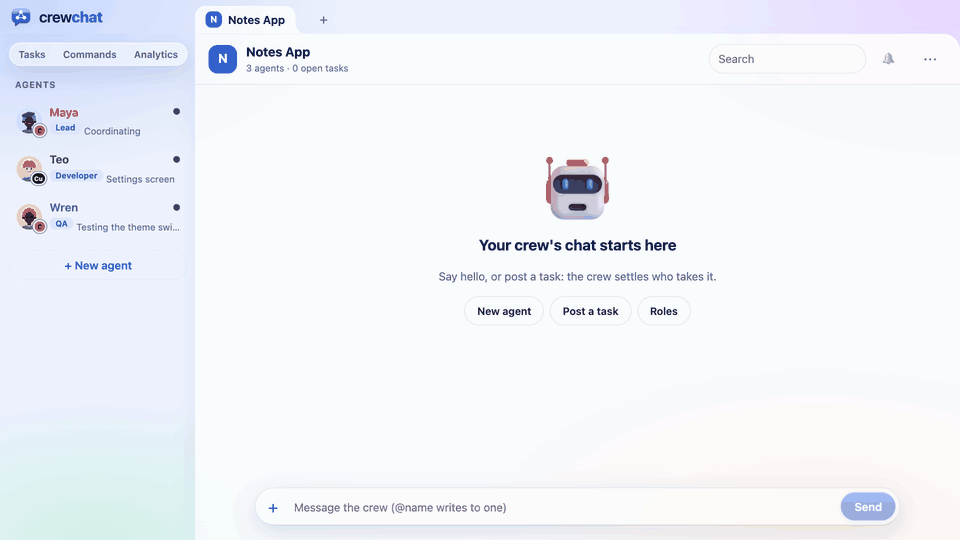 A screenshot is pasted into the message box and waits as a preview; a question to @Wren is typed and sent; the image appears in the chat, Wren the QA agent answers what it sees and tells the developer, Teo.