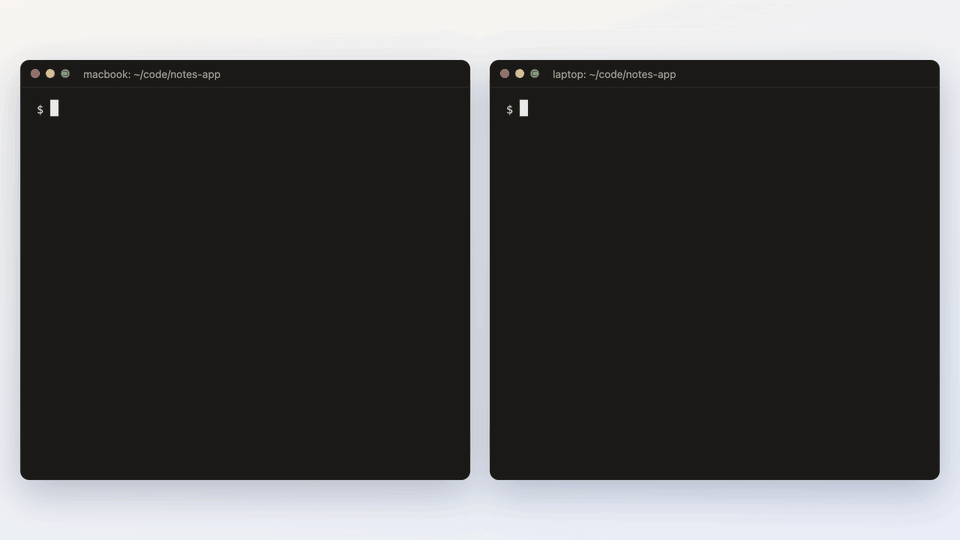 Two terminals: crewchat peers invite is typed on macbook and prints a join command; on the laptop, the join command is typed, the laptop joins, and crewchat peers status shows macbook online.