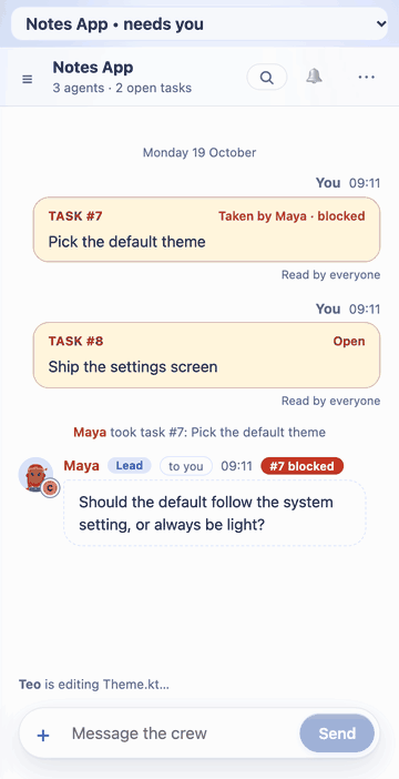 On a phone, ☰ opens the crew: Needs you shows the lead's question on a blocked task. Tapped, it opens with a box to answer; the answer is sent, the task carries on, and the lead replies in the chat.