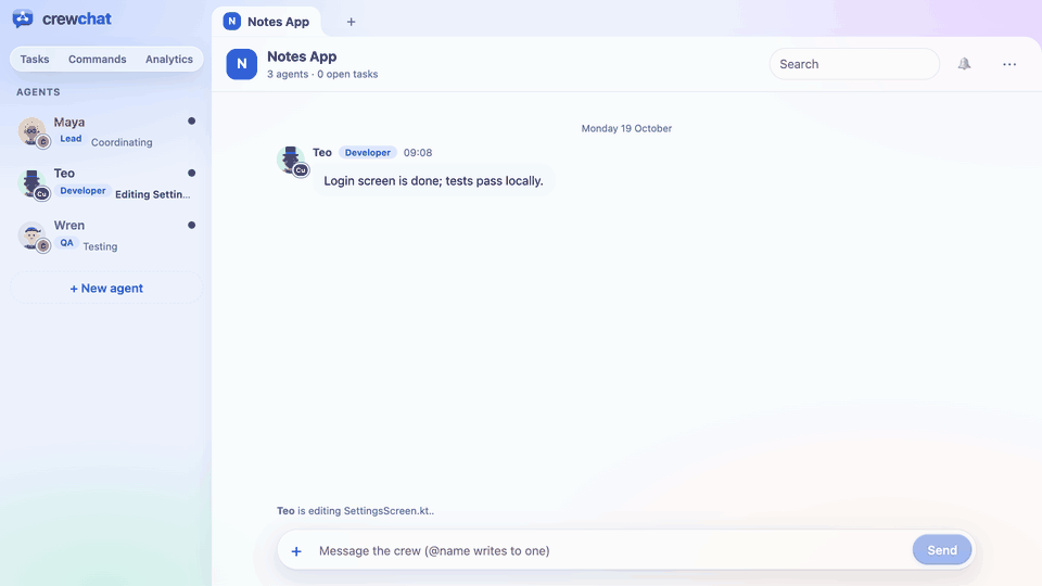 In the message box, @Wr offers Wren from the crew; the question is sent to Wren, who reads it at once, shows what it is doing on its card, and answers in the chat.