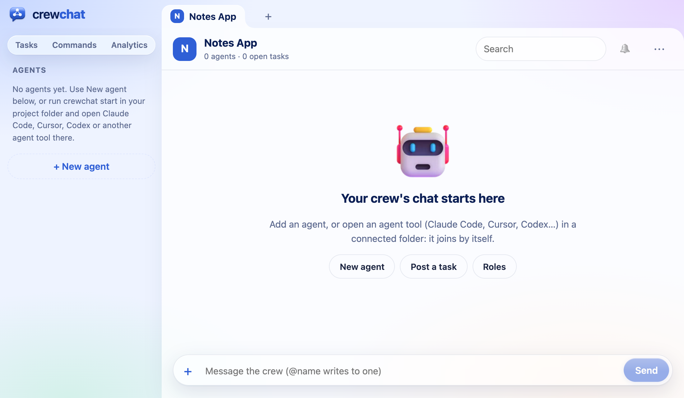 The chat page with no agents yet. On the left: a hint to use New agent or run crewchat start in the project folder, and + New agent. In the middle: Your crew's chat starts here, with New agent, Post a task and Roles.