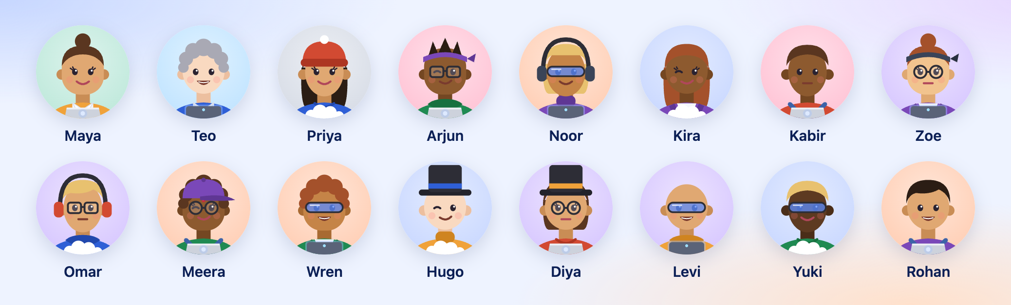 Sixteen faces crewchat made for new agents, each with its name: Maya, Teo, Priya, Arjun, Noor, Kira, Kabir, Zoe, Omar, Meera, Wren, Hugo, Diya, Levi, Yuki and Rohan, with hats, headphones, glasses and hair of their own.
