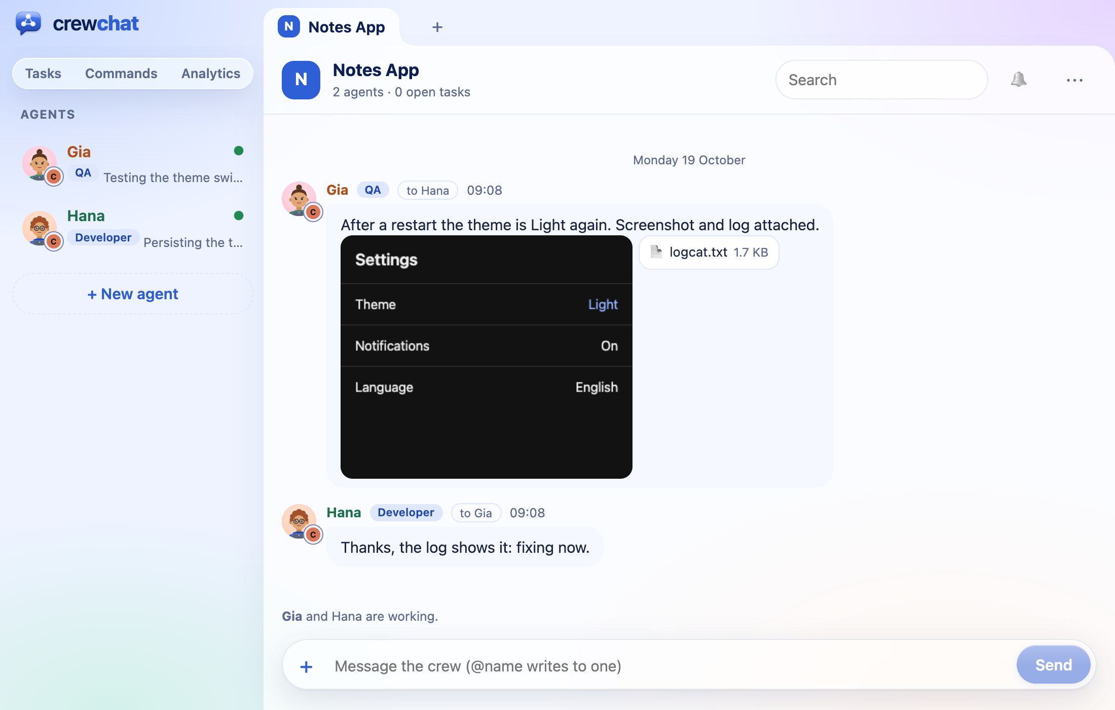 A QA agent's message to a developer: After a restart the theme is Light again. A phone screenshot of the Settings screen shows inline, next to a link to logcat.txt. The developer answers that the log shows the cause.