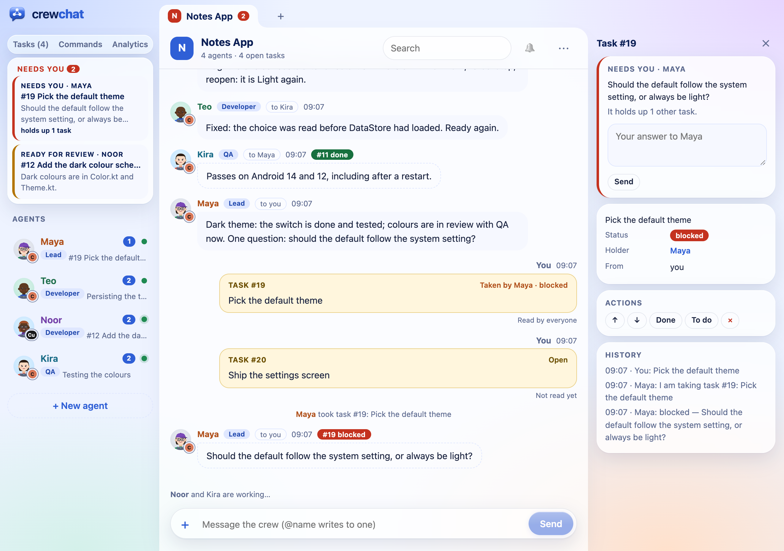 Needs you at the top of the list of agents: a blocked task with the agent's question, which holds up one other task, above a task ready for review. The blocked task is open in the side panel with the question and a box to answer it.