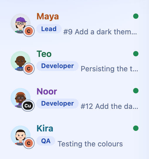 Four agents in the list with role badges, Lead, Developer, Developer and QA, each with the task it holds or its status.