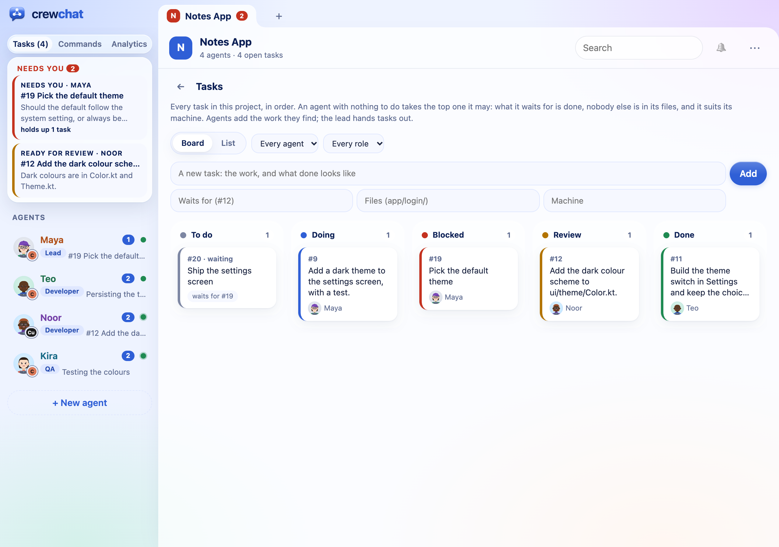 The task board: To do with two tasks, Doing with two tasks and the agents that hold them, Blocked, Review and Done, with a filter by agent and by role, and a form to add a task.