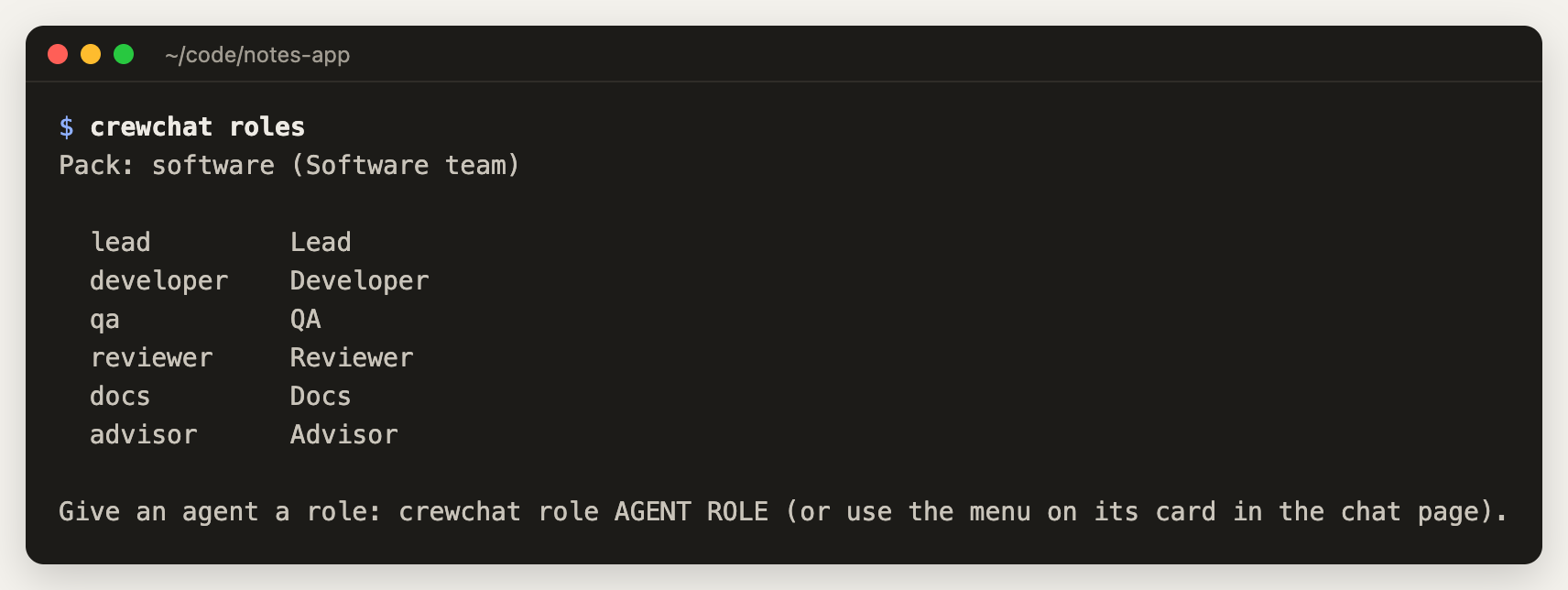 crewchat roles lists the roles: developer, docs, lead, qa and reviewer, and how to give one to an agent.